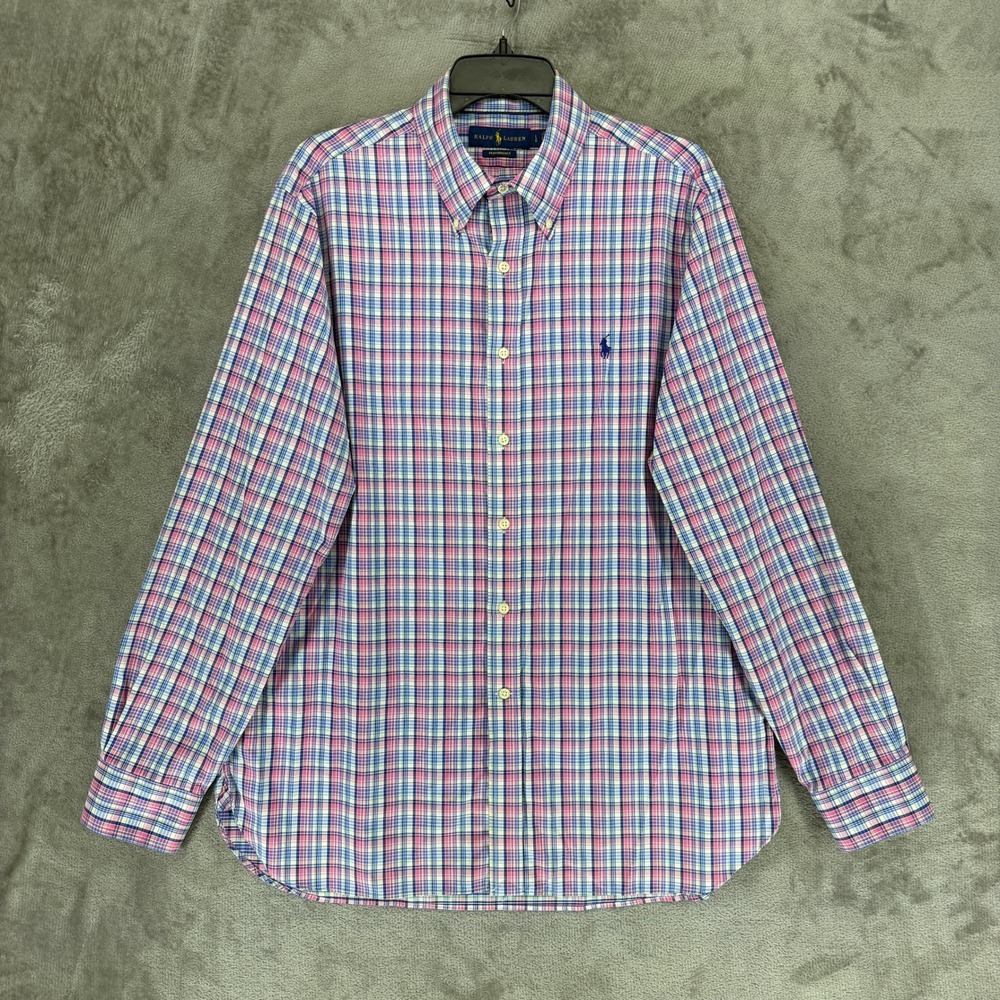 Ralph Lauren Shirt Mens Large Pink Blue Plaid Performance Stretch Long Sleeve L